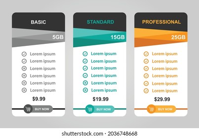 Comparación de precios de tabla. Precio 3 bloques para banners de tarifas de comparación básicos, estándar y profesional. Ilustración del vector