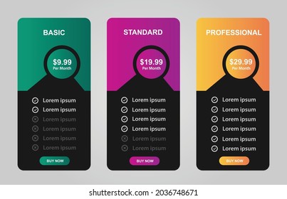 Table price comparison. Pricing 3 blocks for basic, standard and professional compare tariff banners. Vector illustration