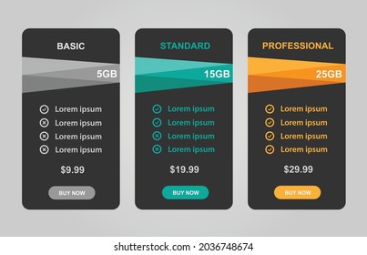 Table price comparison. Pricing 3 blocks for basic, standard and professional compare tariff banners. Vector illustration