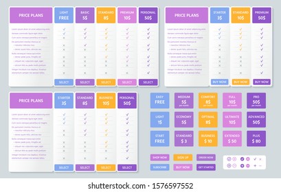 Table price comparison. Vector. Chart plan template. Set web pricing grids for purchases, business, web services and applications. Colorful design. Checklist compare banner. Illustration.