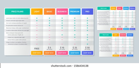 Table price comparison. Vector. Chart plan template. Set pricing grid for purchases, business, web services, applications. Checklist compare tariff banner. Color illustration. Flat simple design. 