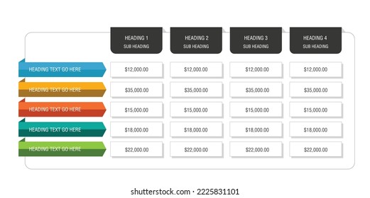 Table price template. Comparison plan chart. Vector. Pricing data grid with 5 columns. Checklist compare tariff banner.