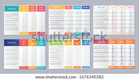 Table price template. Vector. Comparison plan chart. Set pricing data grid with 3 columns. Checklist compare tariff banner for purchases, business, web services. Color illustration. Flat simple design