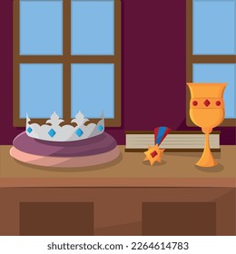 Table with queen crown and golden chalice Vector