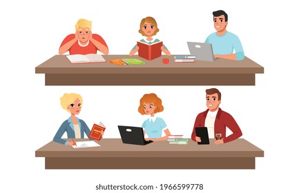 Table, Reading Books, Working at Laptop Computer Cartoon Vector Illustration