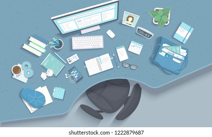 Table with recess, armchair, monitor, books, notebook, headphones, phone, keyboard, calendar, paper, coffee, photo, donut, bag, pot, cap. Modern and stylish Workplace Desktop Workspace Top view Vector