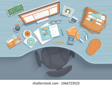 Table with recess, armchair, monitor, planner, headphones, phone with music, paper, tea, photo, donut, bag, pot, cap. Modern and stylish workplace. Vector illustration Top view