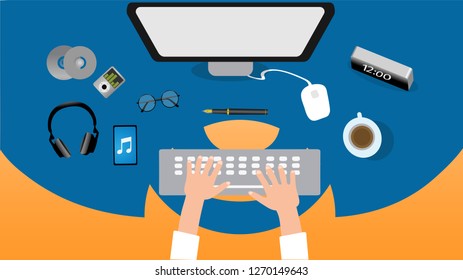 Table with recess, monitor, books, notebook, headphones, phone. Modern and stylish workplace. 