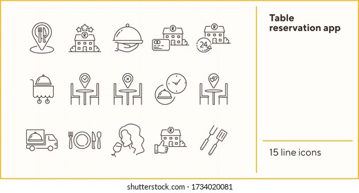 Table reservation app line icon set. Food delivery order, bbq, romantic dinner, cart isolated outline sign pack. Restaurant business concept. Vector illustration symbol elements for web design.