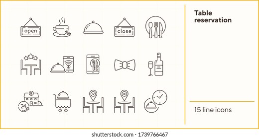 Table reservation line icon set. Dish on cart, catering, location pointer isolated outline sign pack. Restaurant business concept. Vector illustration symbol elements for web design.