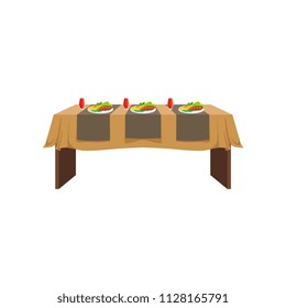 Table in restaurant for three people, festive holiday dinner, banquet table with food and drinks vector Illustration on a white background