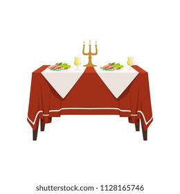 Table in restaurant for two people, festive holiday romantic dinner, banquet table with food, drinks and candles vector Illustration on a white background