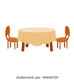 table in restaurant. wooden table covered with a tablecloth. table and two chairs