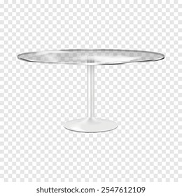 Mesa con encimera redonda de vidrio transparente en una sola pata. Maqueta de Vector 3D realista. Contador circular transparente sobre pedestal de metal base redonda cromada. Maqueta