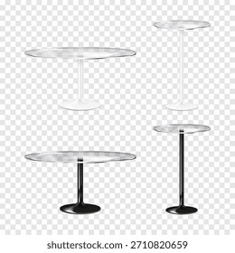 Mesa com mesa redonda de vidro transparente em uma única perna. Conjunto de maquete de vetor 3d realista. Preto e branco. Maquete. Contador circular transparente na base redonda do pedestal metálico. Modelo para design