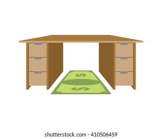 Table and rug dollar. Mat under feet of money bill. Large working office desk. Furniture with drawers