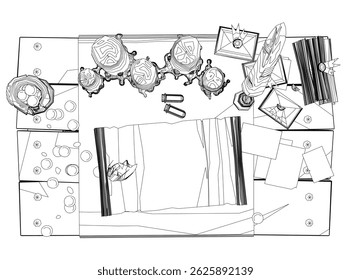 A table with a rug and a few items on it. The table is covered with a white cloth. Top view