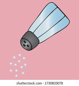 Table salt is poured from the salt shaker. Colored vector illustration. Used when preparing food, gargling with a cold. Isolated pink background. Cartoon style. Illustration for menu, web design. 