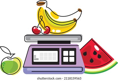 table scales, bananas, cherry, watermelon and apple. product weighing