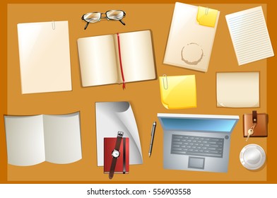 Escena de tabla con libros e ilustración de computadora