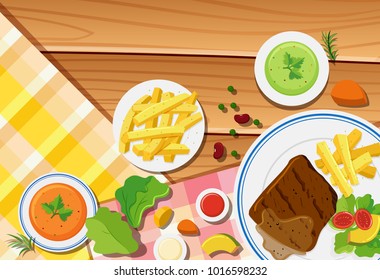 Table scene with fries and steak on the dish illustration