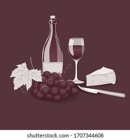 Table scene with wine bottle and glass, bunch of grapes and cheese. Great for food ads, restaurant menu, lable design.