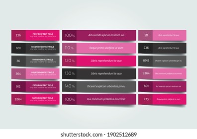 Table, schedule design template with 6 row. Vector banner.