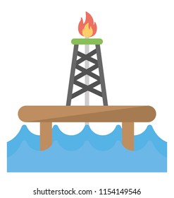 
Table in a sea with lamppost having fire over it, oil rig icon
