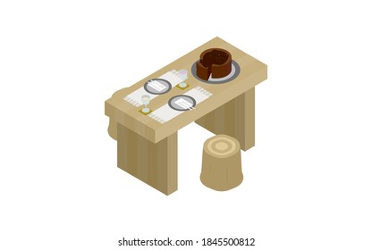 Asiento de mesa con torta de chocolate isométrica