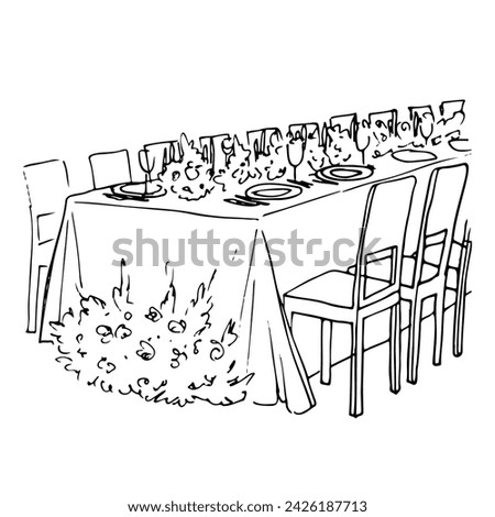 table served and decorated for guests in doodle style. hand drawn drawing of a table before the celebration