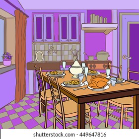 table served devices for dinner in the kitchen purple
