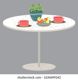 Table with served food vector, isolated rounded desk with bowl and fruits, cups and houseplant. Banana and apples, pear and beverages poured in mugs
