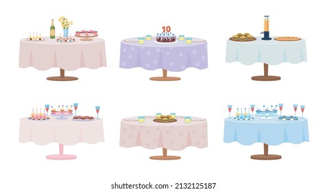 Table served for party semi flat color vector object set. Full sized item on white. Part of house arrangement simple cartoon style illustration for web graphic design and animation collection