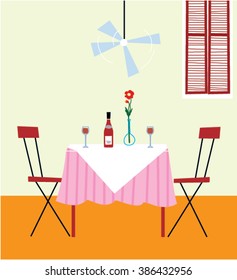 Table served wine for two persons in Italian Restaurant interior. vector illustration