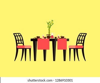 Table serving with ceramics teapot and cups, plates with hashi, glass with drink. Board with chairs on yellow, dining for two, empty dishes 3D vector
