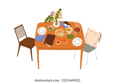 Mesa con desayuno, servido con platos, comida y bebidas. Croissant, pan, bebidas en vidrio y jarra, tableta de dibujo, libro. Ilustración vectorial gráfica plana aislada en fondo blanco