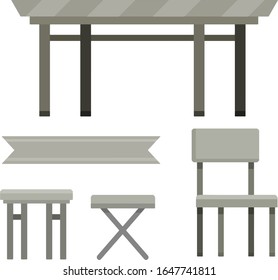 Table and set of chairs. Grey modern Kitchen furniture and tablecloths. Element of cafe and restaurant. Brown wooden ribbon for text. Cartoon flat illustration