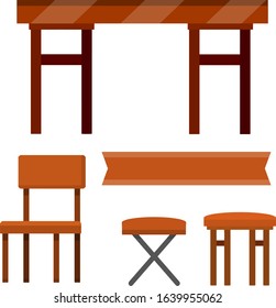 Table and set of chairs. Kitchen furniture and tablecloths. Element of cafe and restaurant. Brown wooden ribbon for text. Cartoon flat illustration