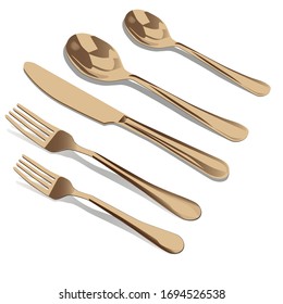 Tischsatz mit vergoldeten Gabeln, Löffel und Messer, Vektorillustration