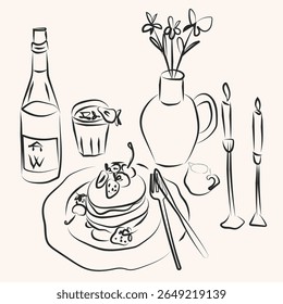 Table is Set Line Art Style Drawing. Romantic Dinner Simple Hand Drawn Vector Illustration for Trendy Design. Food Drawing Abstract Doodle Sketch Style for Modern Banner, Poster, Menu Design. Not AI
