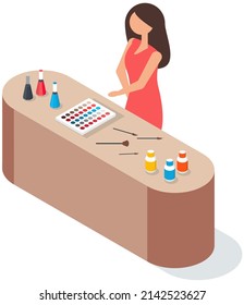 Table with set of makeup tools. Decorative cosmetics for face. Stand with elements of cosmetics. Makeup creation, work in dressing room concept. Items for creating beautiful face of actor or model