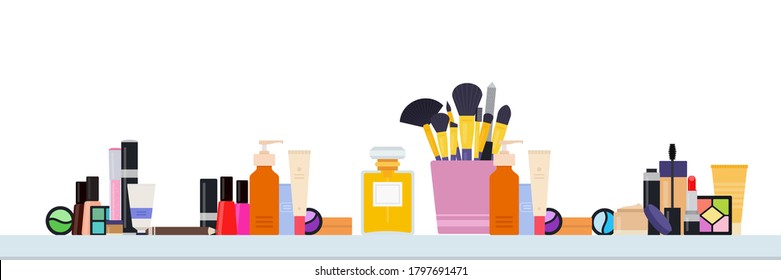 A table with a set of makeup and makeup tools vector illustration in a flat design.