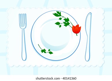 Table set with plate and cutlery, vector