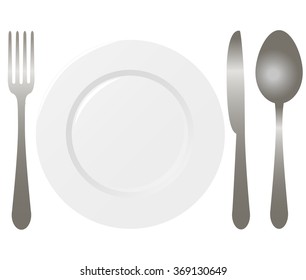 table set - a spoon, a fork, a knife and a plate