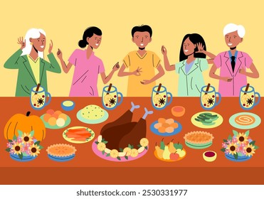 Ein Tischset für Thanksgiving Abendessen mit einem gerösteten Truthahn, Füllung und alle Befestigungen. Festliches Festtagsessen. Thanksgiving-Dinner mit geröstetem Truthahn und Kuchen. Mehrgenerationenfamilie