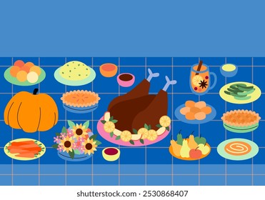 Uma mesa definida para o jantar de Ação de Graças com um peru assado, recheio e todas as fixações. Jantar de férias festivo. Jantar de Ação de Graças com peru assado e tortas