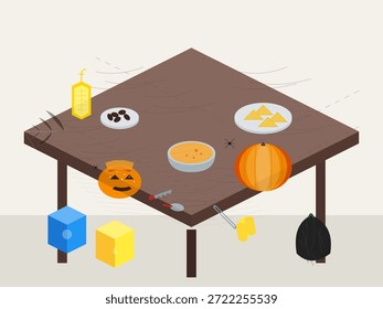 Ein Tisch ist mit verschiedenen Speisen und Dekorationen ausgestattet. Es werden Teller mit Snacks, ein Kürbis und eine Halloween-Figur ausgestellt. Die Szene fängt den Geist der Herbstfeiern ein.