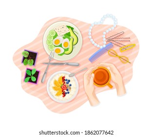 Table Setting Above View with Meal Served on Plate and Hands Holding Cup with Hot Tea Vector Illustration
