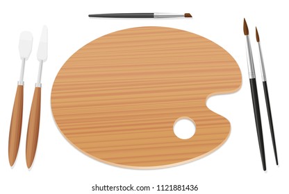 Table setting with an artists palette, paintbrushes and spatulas instead of plate and cutlery. Symbol for enjoyment of art, desire to paint, appetite for creativity. Isolated vector on white.