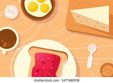 Table setting.  Breakfast, bread with jam, scrambled eggs and cheese Vector. Cartoon. Isolated art
